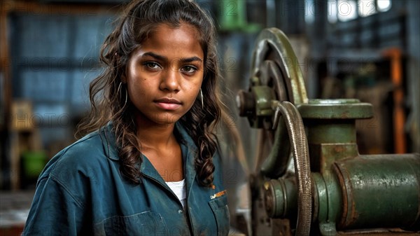 Young industrial black worker in a serious pose next to heavy machinery, demonstrating focus, women at heavy industrial contruction jobs, feminine power and rights concept, AI generated