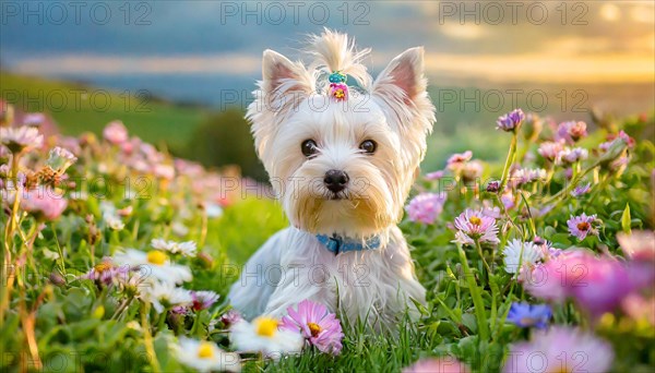 KI generated, A white Yorkshire Terrier lying in a flower meadow, (Canis lupus familiaris)