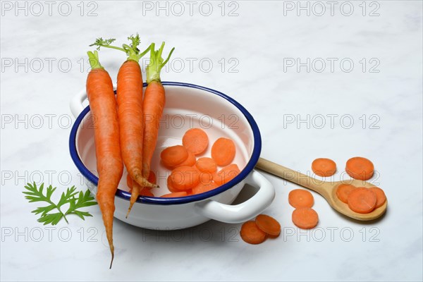 Carrots and carrot slices in pot, Daucus carota