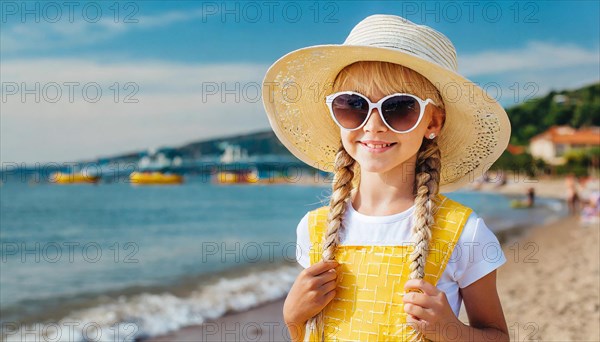 KI generated, An 8 year old blonde girl with sunglasses and a straw hat is on holiday on the beach in the Caribbean