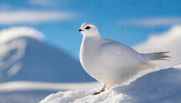 KI generated, A rock ptarmigan foraging in winter, white plumage, (Lagos muta), pheasants