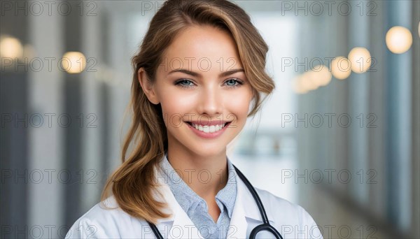 KI generated, An attractive female doctor in hospital, Portrait, 30, 35, years