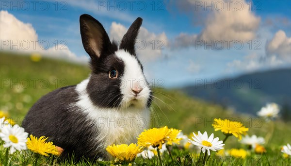 KI generated, A black and white dwarf rabbit in a meadow with white and yellow flowers, spring, side view, (Brachylagus idahoensis)