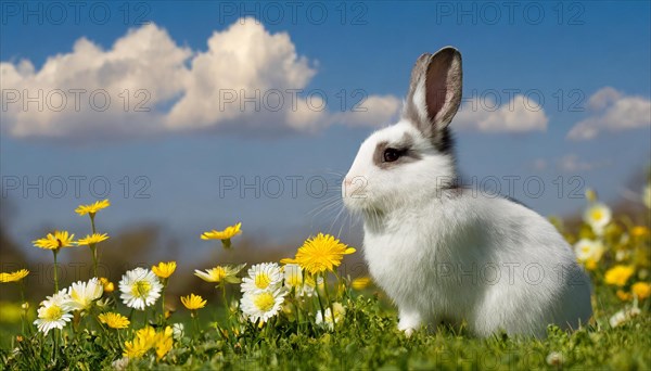 KI generated, A grey and white dwarf rabbit in a meadow with white and yellow flowers, spring, side view, (Brachylagus idahoensis)