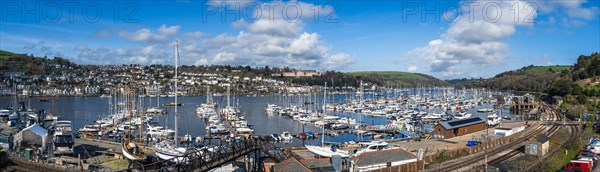 Panorama of Darthaven Marina and Kingswear Railway Line over River Dart, Devon, England, United Kingdom, Europe