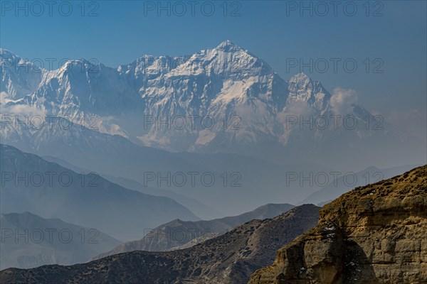 Desert landscape before the Annapurna mountain range, Kingdom of Mustang, Nepal, Asia