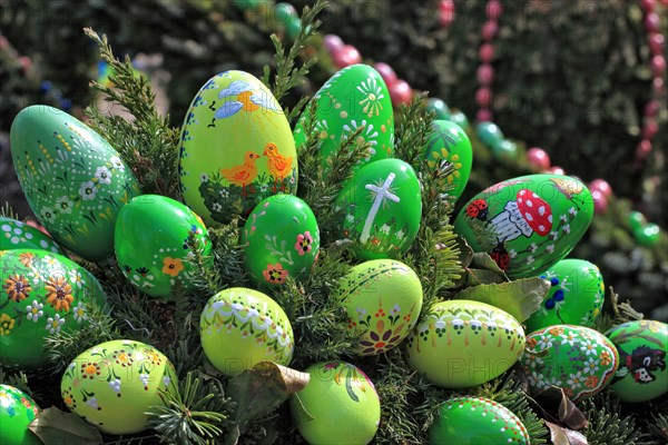 Detail of an Easter fountain in Franconian Switzerland, Bamberg district, Upper Franconia, Germany, many colourful blown-out and dyed eggs as decoration, Easter custom, Europe