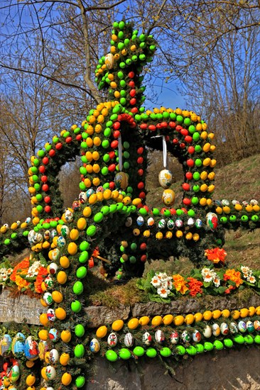 Easter fountain in Tiefenpoelz near Heiligenstadt, Bamberg district, Franconian Switzerland, Upper Franconia, Bavaria, Germany, Europe