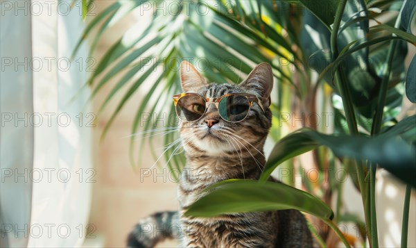 Fashionable cat with glasses surrounded by indoor plants, exploring its environment AI generated