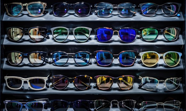 Assorted sunglasses with multicolored lenses displayed on a shelf AI generated
