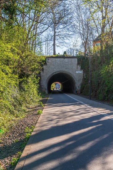 Sunlit tunnel at the end of an empty street surrounded by greenery, cycle path, Nordbahntrasse, Barmen, Wuppertal, Bergisches Land, North Rhine-Westphalia