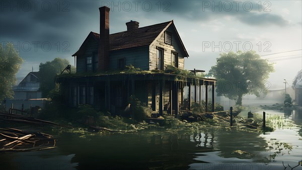 Partially submerged house from floodwater, AI generated