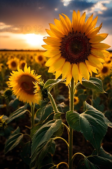 Sunflower field under scorching sun flowers wilting in heat, AI generated