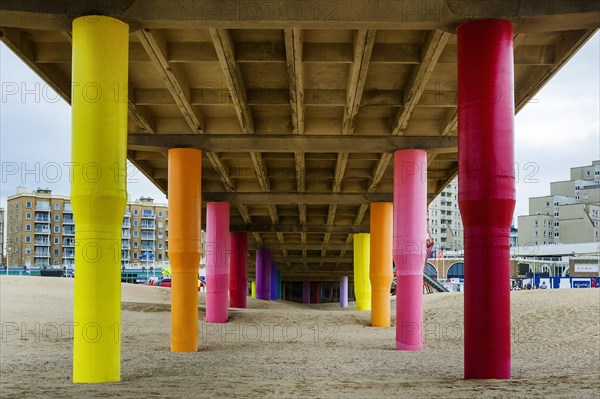 Pier in Scheveningen, beach, bridge, colourful, pillar, architecture, design, North Sea, North Sea coast, travel, holiday, tourism, building, sand, promenade, beach promenade, jetty, apartment block, living, The Hague, Holland, Netherlands