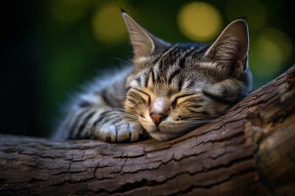 Tabby cat sleeping on tree branch. KI generiert, generiert AI generated