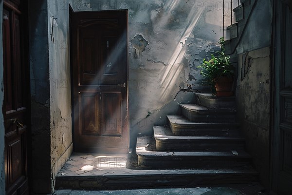 Sunbeams illuminate a mysterious and dilapidated staircase leading to a rustic door, AI generated