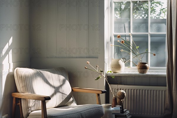 Peaceful corner with a chair by the window bathing in sunlight, AI generated