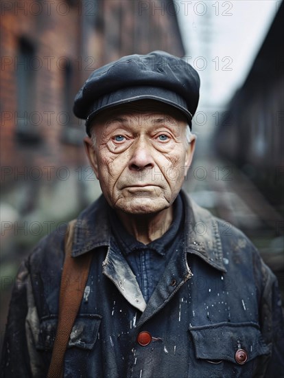 Poignant portrait of an elderly man with a cap outdoors, AI generated