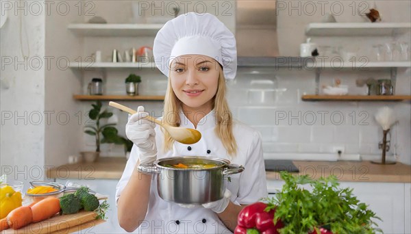 AI generated, An attractive blonde cook in the kitchen of a hotel tastes a vegetable soup