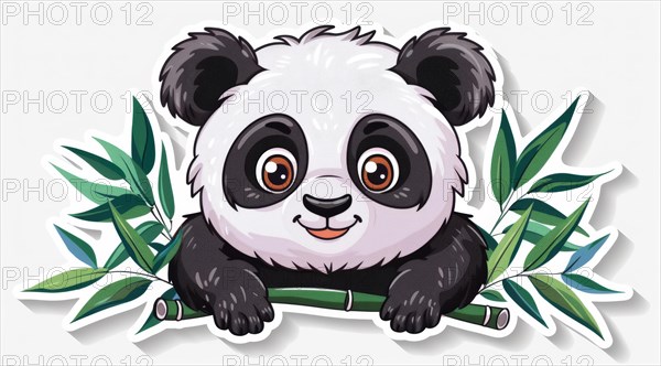 Cheerful cartoon panda with bright eyes clutching a bamboo shoot, ai generated, AI generated