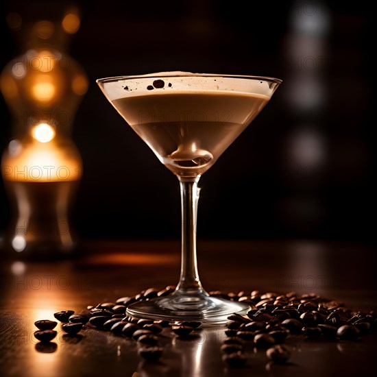 Espresso martini in a frosted cocktail glass adorned with three coffee beans, AI generated