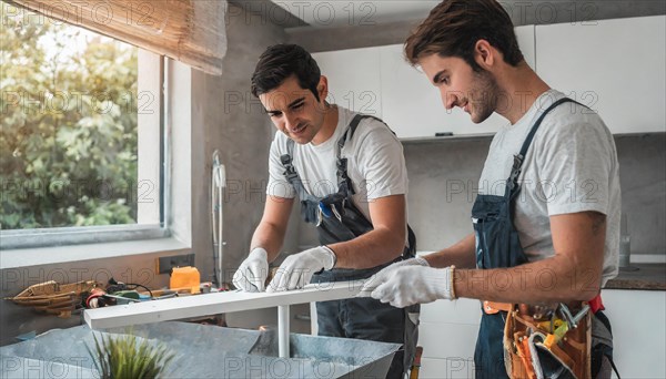 Ki generated, Two young men assemble furniture, DIY, wear gloves to protect hands from splinters and an assembly, lots of frustration and trouble, furniture assembly, do it yourself, installing a new kitchen