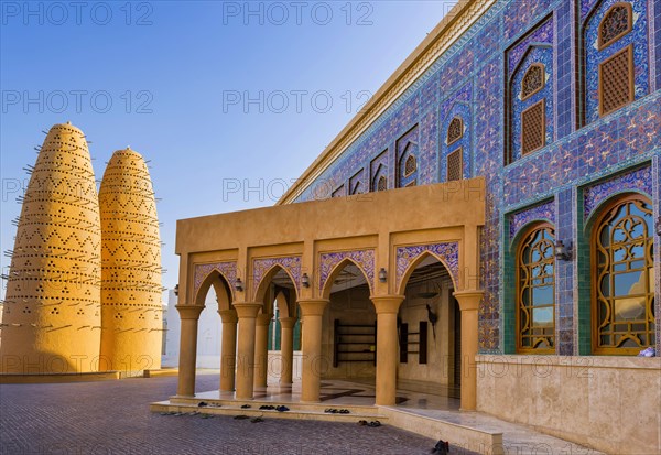 The Katara Mosque in the Katara Cultural Centre of Doha, church, church tower, wealth, Orient, Muslim, culture, cultural village, sacred building, faith, pray, prayer house, oriental, oil, wealth, travel, holiday, tourism, architecture, building, tradition, religion, world religion, history, Muslim, Arabic, cultural history, Islam, Doha, Qatar, Asia