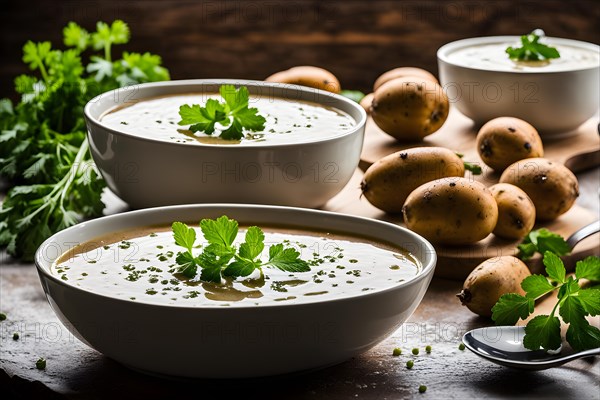 Steaming bowl of kartoffelsuppe garnished with fresh parsley and dill spoon rested, AI generated