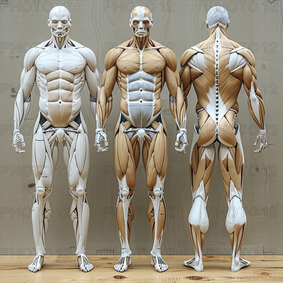 Three different views of anatomical models for visualising the human musculature, AI generated, AI generated, AI generated