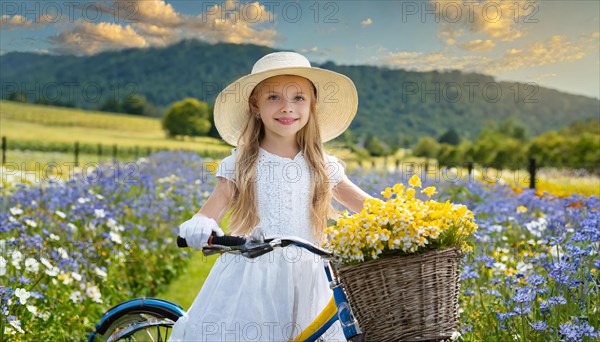 KI generated, A blonde girl rides her bike and enjoys the summer in a meadow with many flowers, Bicycle basket with flowers