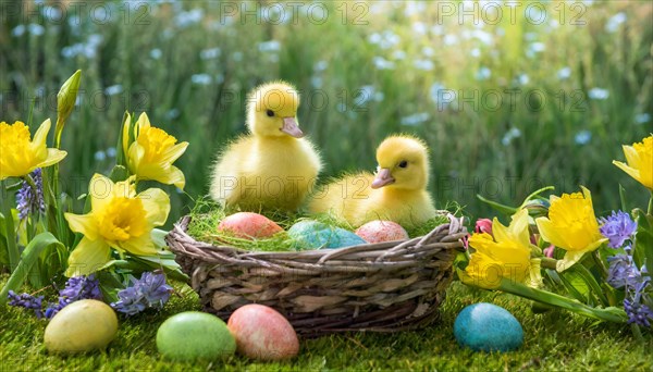 Ai generated, An Easter basket with coloured eggs in a meadow with colourful flowers, two goslings in the basket, symbolic image Easter, animal children