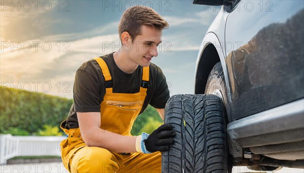 AI generated, A mechanic changes the tyres on a customer's car, Tyre fitting