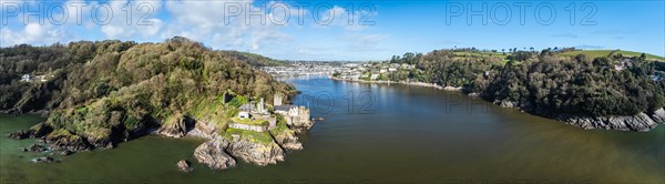 Panorama of Dartmouth Castle over River Dart from a drone, Dartmouth, Kingswear, Devon, England, United Kingdom, Europe
