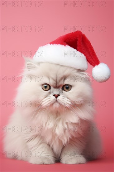 White Persian cat with red Christmas Santa hat in front of pink studio background. rae dunn rice, AI generated