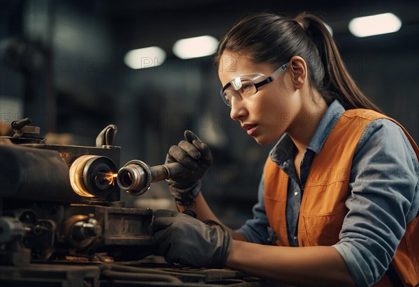 Focused woman protecting her eyes with safety glasses working on engineering machinery, AI generated