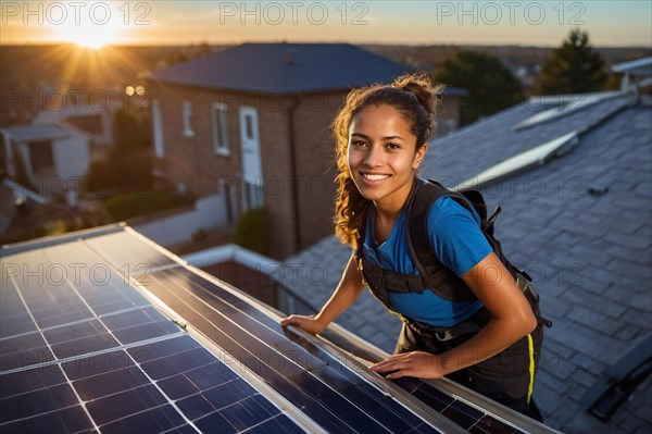 Woman in workwear installing solar panels on a house roof during dusk, women at heavy industrial contruction jobs, AI generated
