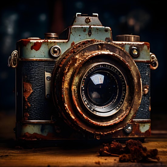 Vintage camera with peeling paint and patches of rust capturing its historical essence, AI generated