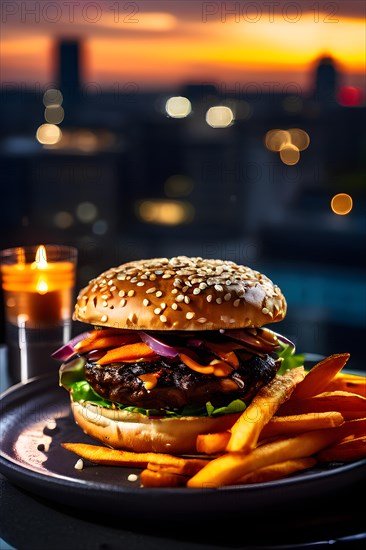 Plant based protein burger accompanied by sweet potato fries, AI generated