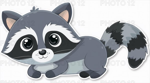 A cartoon sticker of a cute, friendly-looking raccoon lying down, ai generated, AI generated