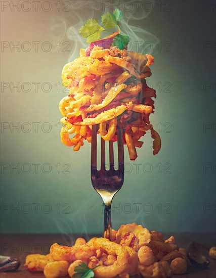 Fast food nocive nutrition concept with a fork holding a pile of oilish foodstuffs on top. Unhealthy eating habits. AI generated art