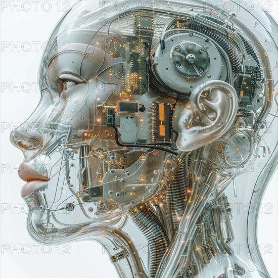 Medical a human head with brain and computer chip, symbol image KI in the human brain, ai generated, AI generated