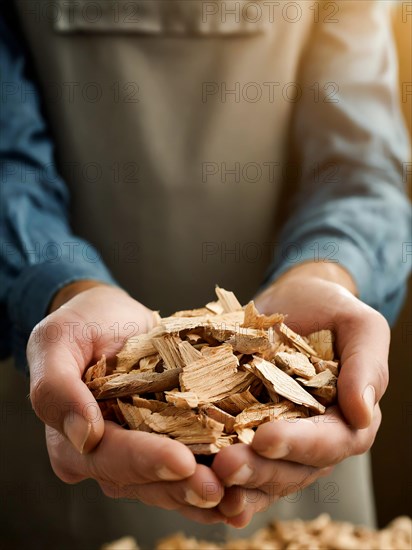 Holding woodchips in your hands, woodchips, renewable fuel, climate change, AI generated, AI generated