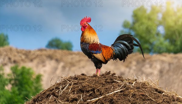 KI generated, A beautiful rooster stands on a dung heap, farmyard, (Gallus gallus domesticus)