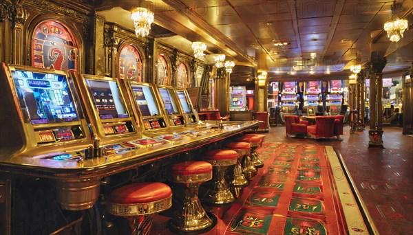 AI generated, Las Vegas, casino, slot machines, interior view, deserted, nobody, gambling, gambling addiction