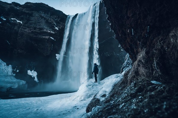 Silhouette of woman in winter in Iceland under Skogafoss waterfall