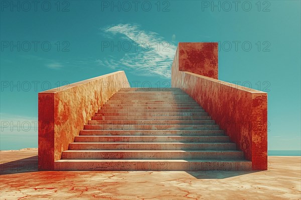 Bold red staircase with geometric shapes under a blue sky, evoking a warm and minimalistic feel, AI generated