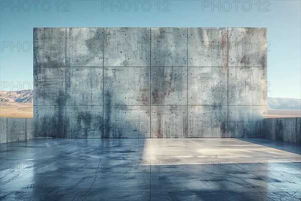 Large textured concrete wall casting shadow patterns under a clear blue sky, AI generated