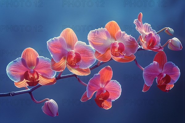 Pink orchids with a soft color gradient bloom against a blue background, AI generated