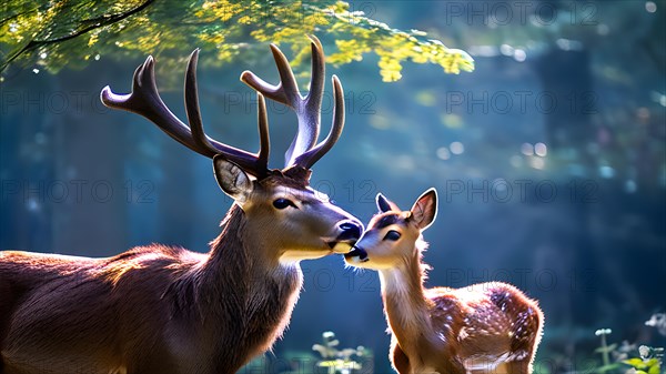 Red deer hind nose to nose with her calf, AI generated