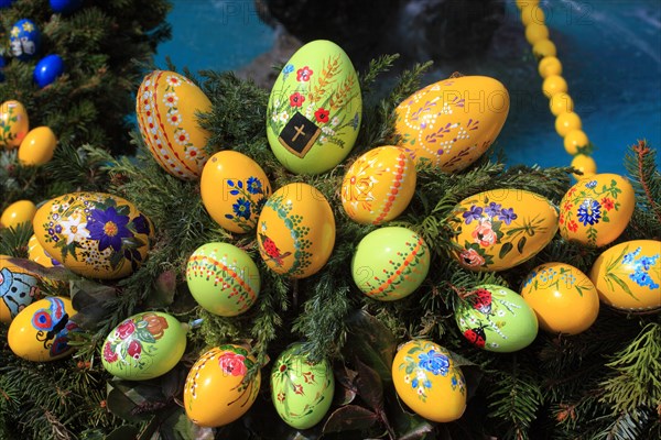 Detail of an Easter fountain in Franconian Switzerland, Bamberg district, Upper Franconia, Germany, many colourful blown-out and dyed eggs as decoration, Easter custom, Europe